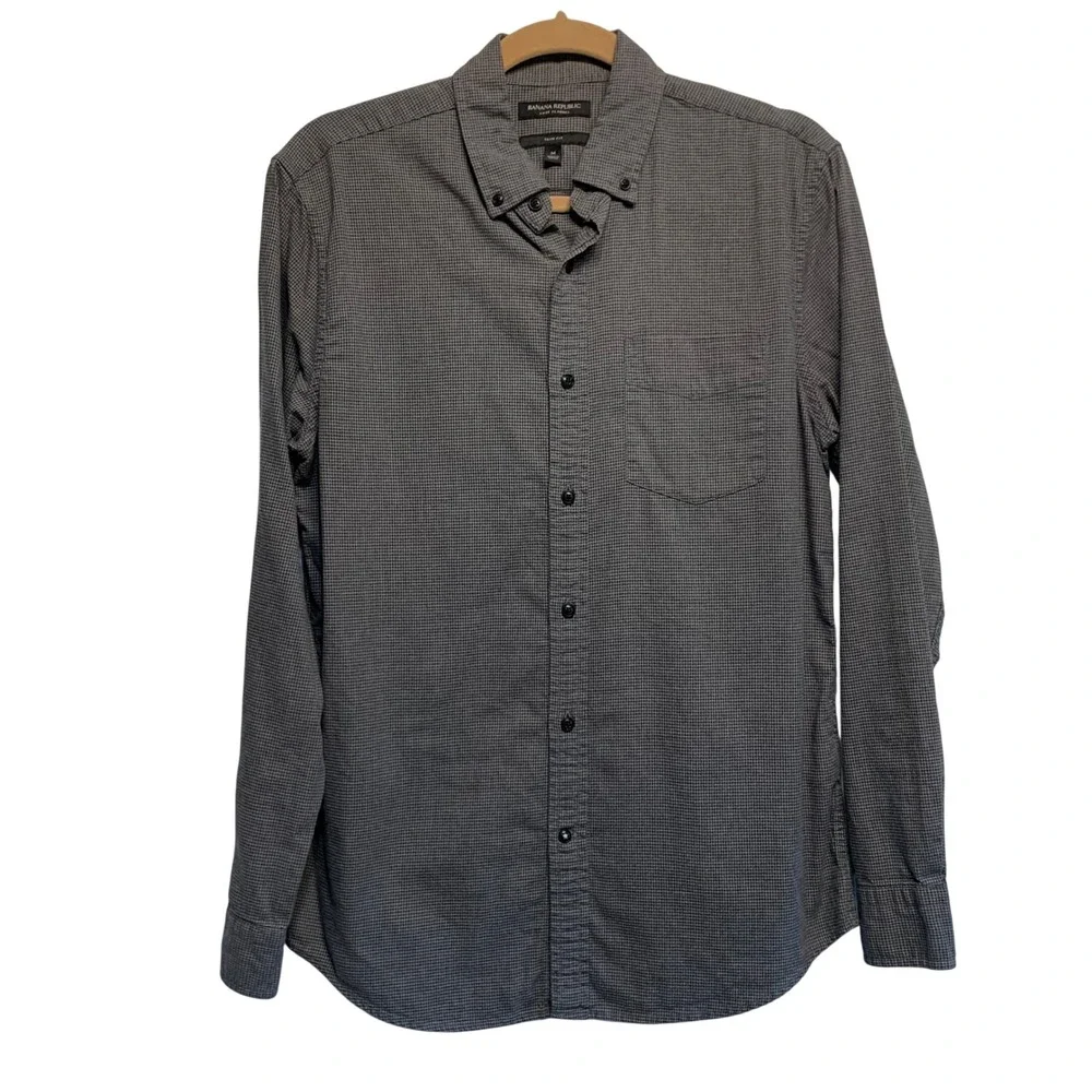 Banana Republic Luxe Flannel Shirt Size M Slim Fit Grey Micro-Houndstooth Preppy